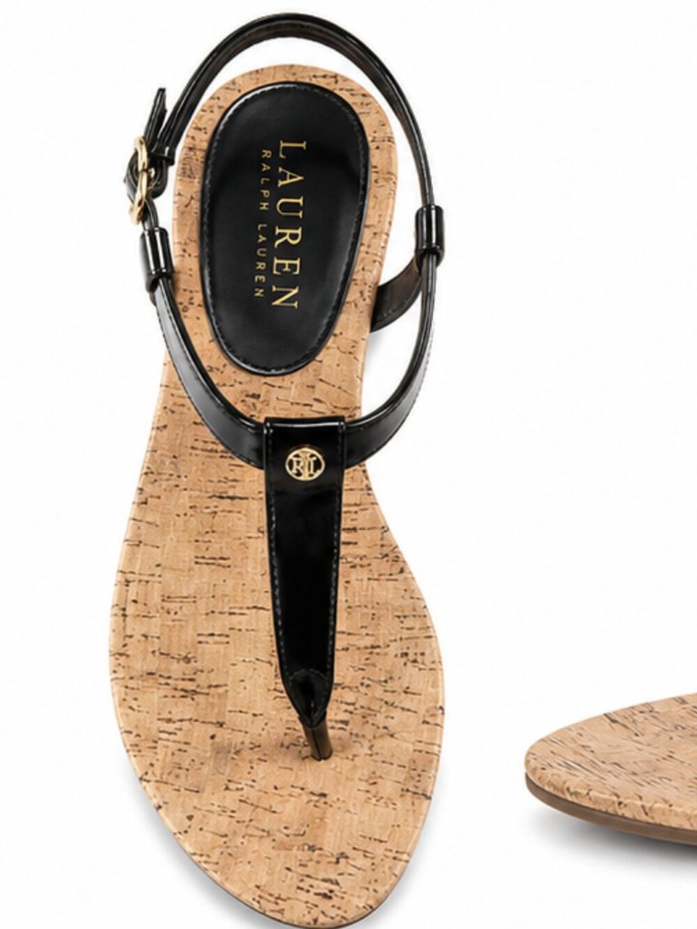 Lauren Ralph Lauren Black Patent Cork Thong Sandals Quiet Luxury - Size 7.5